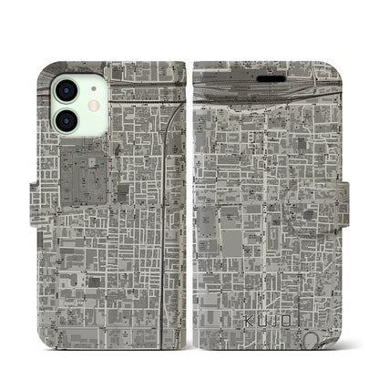 【九条（京都府）】地図柄iPhoneケース（手帳タイプ）モノトーン・iPhone 12 mini 用