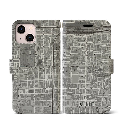 【九条（京都府）】地図柄iPhoneケース（手帳タイプ）モノトーン・iPhone 13 mini 用