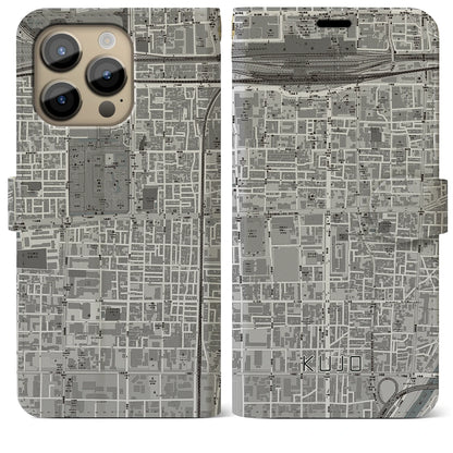 【九条（京都府）】地図柄iPhoneケース（手帳タイプ）モノトーン・iPhone 14 Pro Max 用