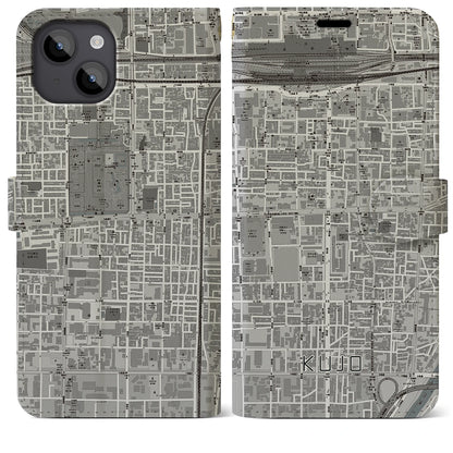 【九条（京都府）】地図柄iPhoneケース（手帳タイプ）モノトーン・iPhone 14 Plus 用