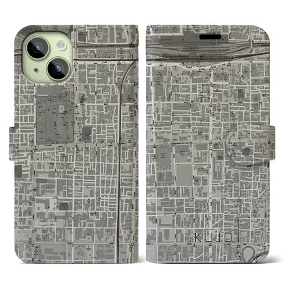 【九条（京都府）】地図柄iPhoneケース（手帳タイプ）モノトーン・iPhone 15 用
