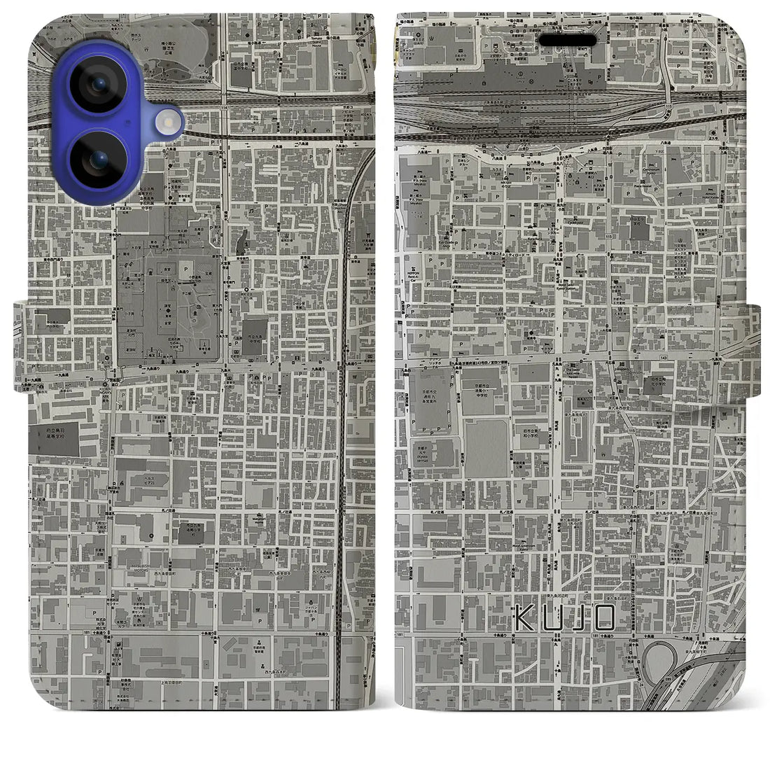 【九条(京都府)】地図柄iPhoneケース(手帳タイプ)モノトーン・iPhone 16 Pro Max 用
