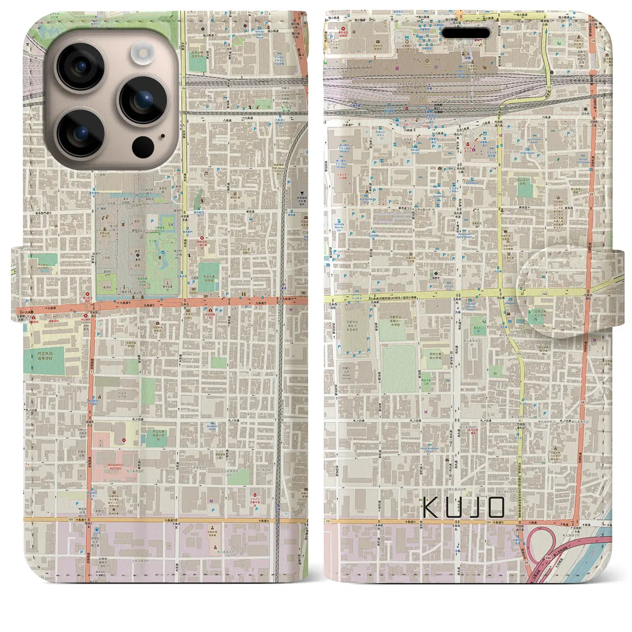 【九条（京都府）】地図柄iPhoneケース（手帳タイプ）ナチュラル・iPhone 16 Plus 用