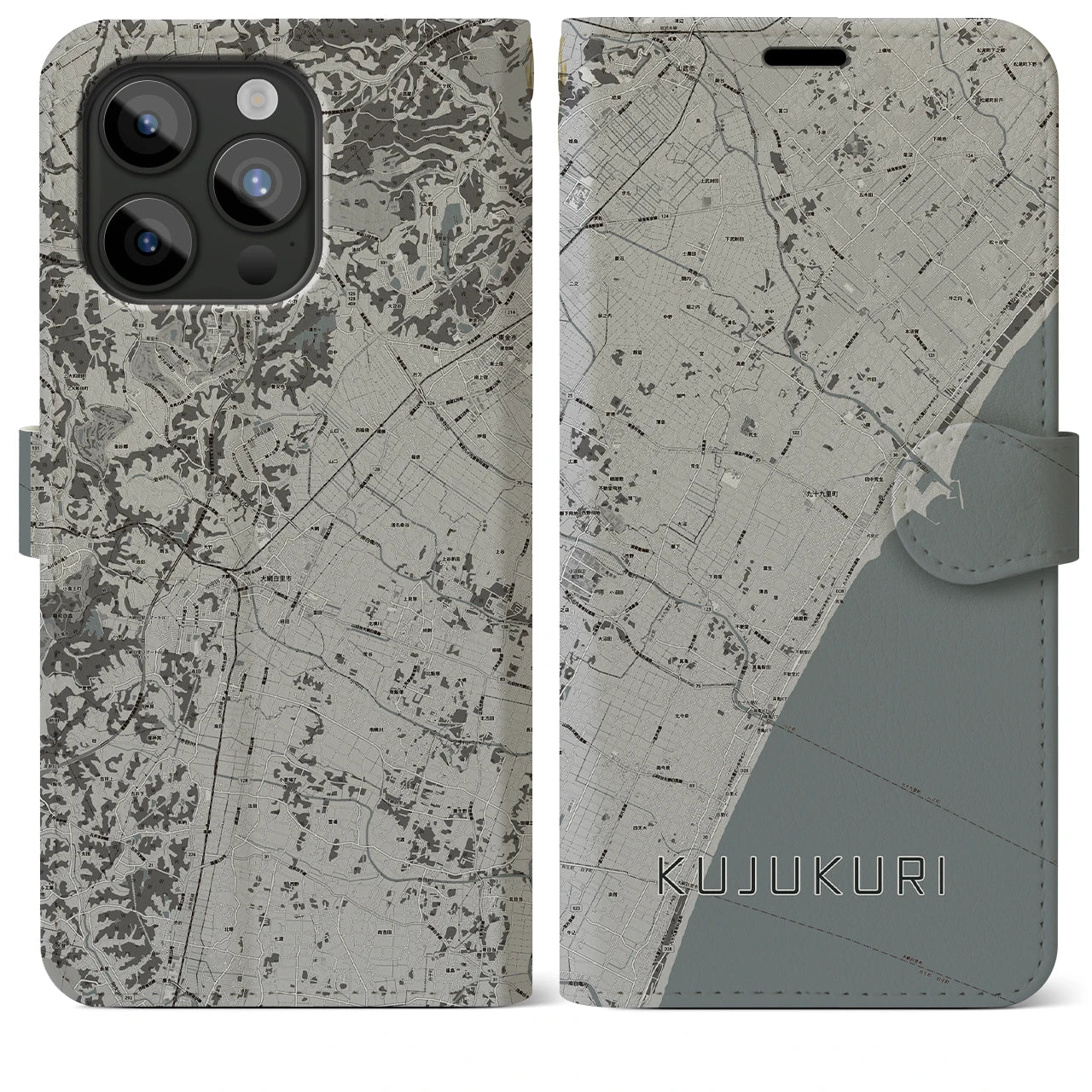【九十九里】地図柄iPhoneケース（手帳両面タイプ・モノトーン）iPhone 15 Pro Max 用