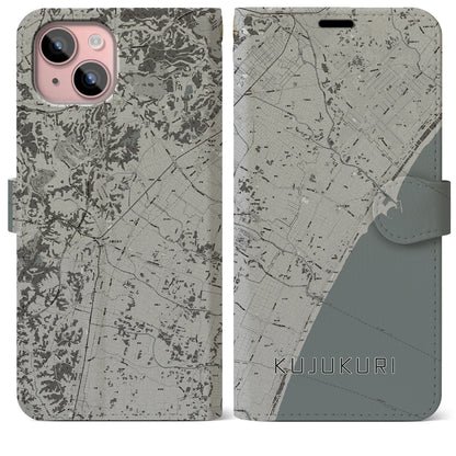 【九十九里（千葉県）】地図柄iPhoneケース（手帳タイプ）モノトーン・iPhone 15 Plus 用