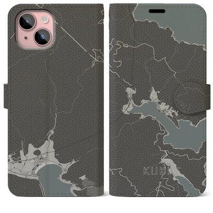 【九鬼（三重県）】地図柄iPhoneケース（手帳タイプ）モノトーン・iPhone 15 Plus 用