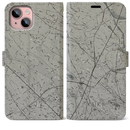 【久喜（埼玉県）】地図柄iPhoneケース（手帳タイプ）モノトーン・iPhone 15 Plus 用