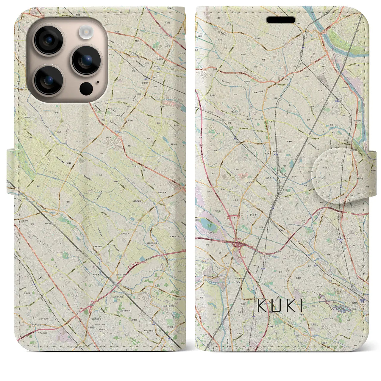 【久喜（埼玉県）】地図柄iPhoneケース（手帳タイプ）ナチュラル・iPhone 16 Plus 用