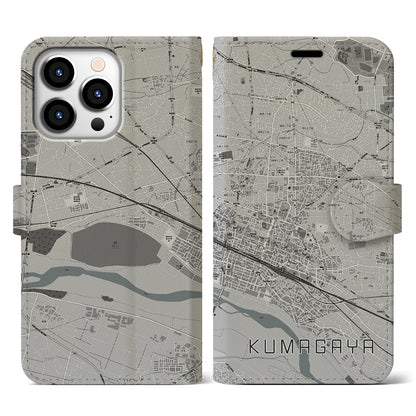 【熊谷（埼玉県）】地図柄iPhoneケース（手帳タイプ）モノトーン・iPhone 13 Pro 用