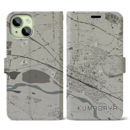【熊谷（埼玉県）】地図柄iPhoneケース（手帳タイプ）モノトーン・iPhone 15 用