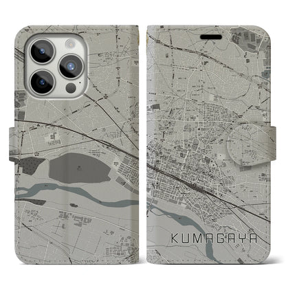 【熊谷（埼玉県）】地図柄iPhoneケース（手帳タイプ）モノトーン・iPhone 15 Pro 用