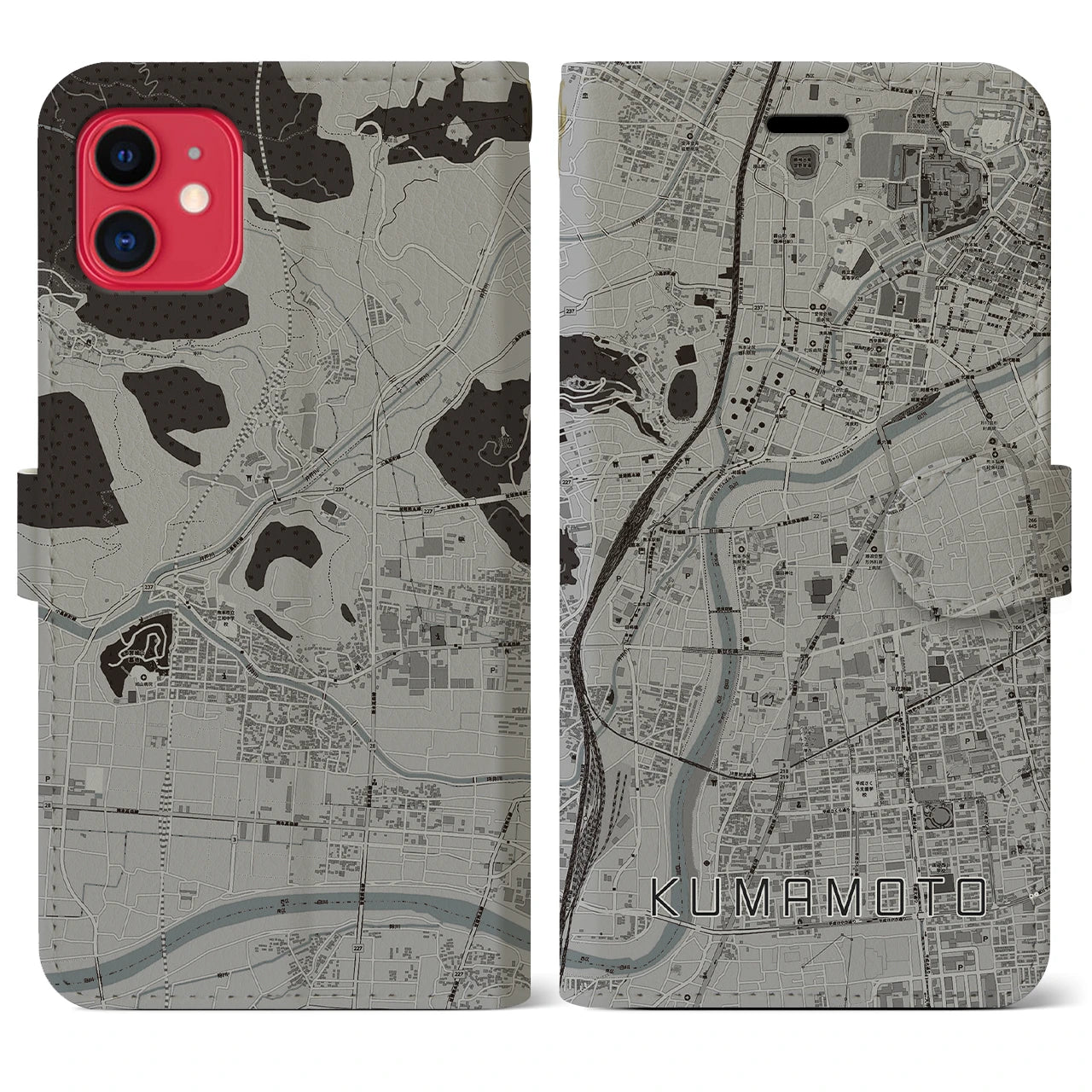 【熊本】地図柄iPhoneケース（手帳両面タイプ・モノトーン）iPhone 11 用
