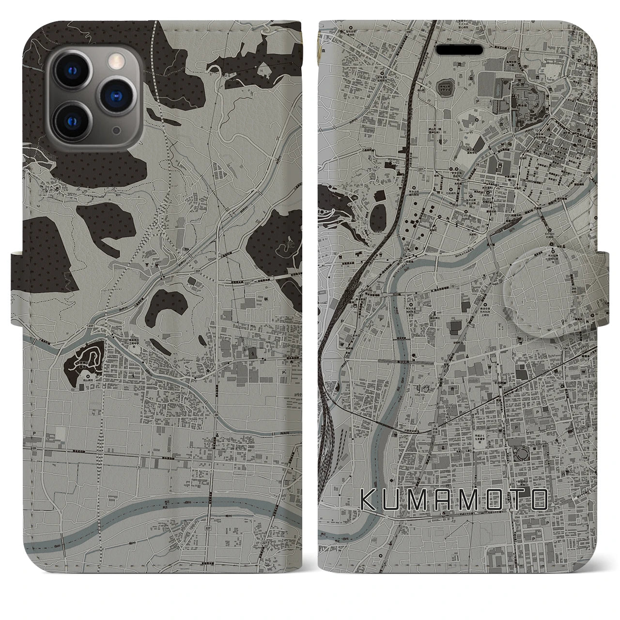 【熊本】地図柄iPhoneケース（手帳両面タイプ・モノトーン）iPhone 11 Pro Max 用