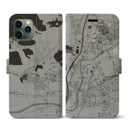 【熊本（熊本県）】地図柄iPhoneケース（手帳タイプ）モノトーン・iPhone 11 Pro 用