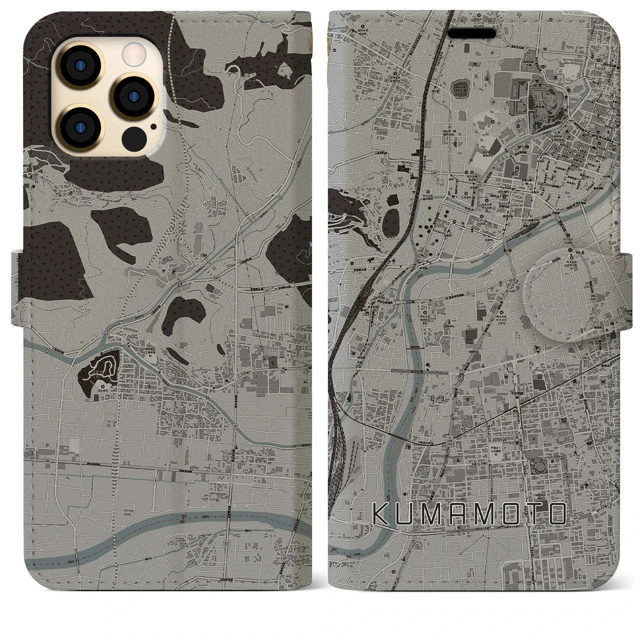 【熊本】地図柄iPhoneケース（手帳両面タイプ・モノトーン）iPhone 12 Pro Max 用