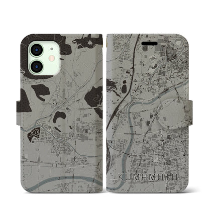 【熊本（熊本県）】地図柄iPhoneケース（手帳タイプ）モノトーン・iPhone 12 mini 用