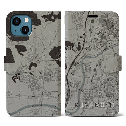 【熊本（熊本県）】地図柄iPhoneケース（手帳タイプ）モノトーン・iPhone 13 用