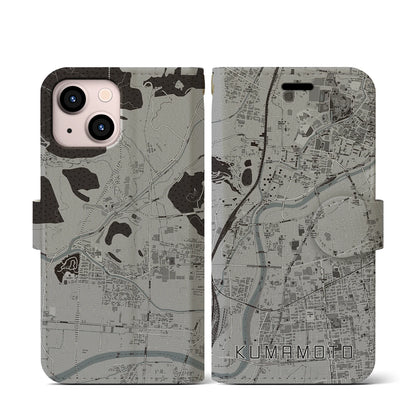 【熊本（熊本県）】地図柄iPhoneケース（手帳タイプ）モノトーン・iPhone 13 mini 用