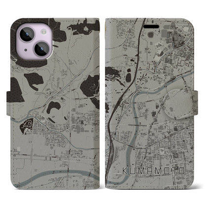 【熊本（熊本県）】地図柄iPhoneケース（手帳タイプ）モノトーン・iPhone 14 用