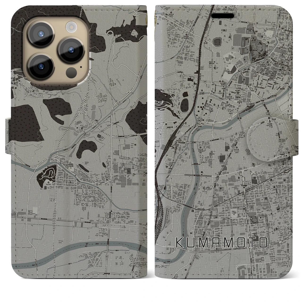 【熊本】地図柄iPhoneケース（手帳両面タイプ・モノトーン）iPhone 14 Pro Max 用