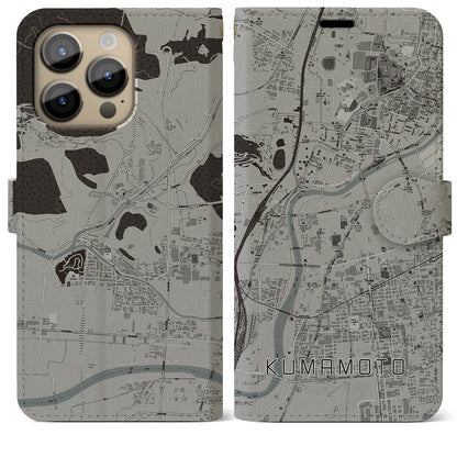 【熊本（熊本県）】地図柄iPhoneケース（手帳タイプ）モノトーン・iPhone 14 Pro Max 用