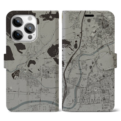 【熊本（熊本県）】地図柄iPhoneケース（手帳タイプ）モノトーン・iPhone 14 Pro 用