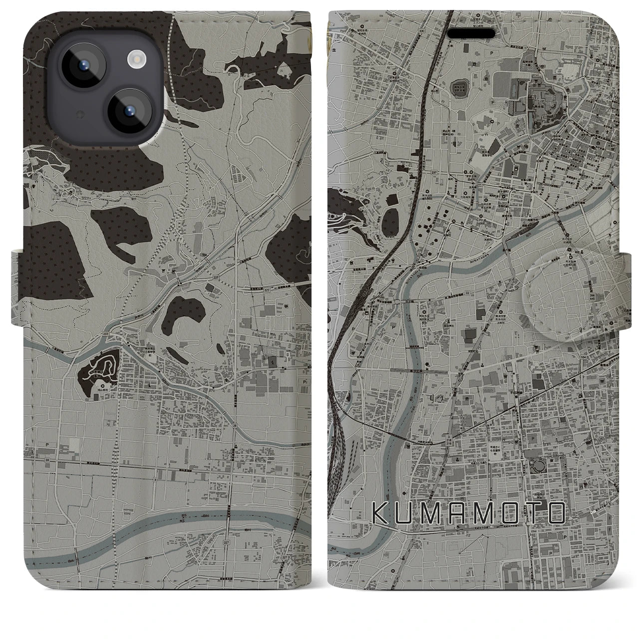 【熊本】地図柄iPhoneケース（手帳両面タイプ・モノトーン）iPhone 14 Plus 用