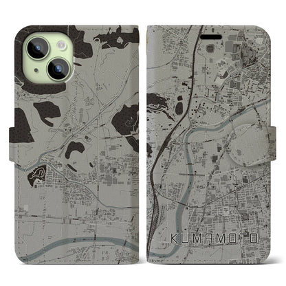 【熊本（熊本県）】地図柄iPhoneケース（手帳タイプ）モノトーン・iPhone 15 用