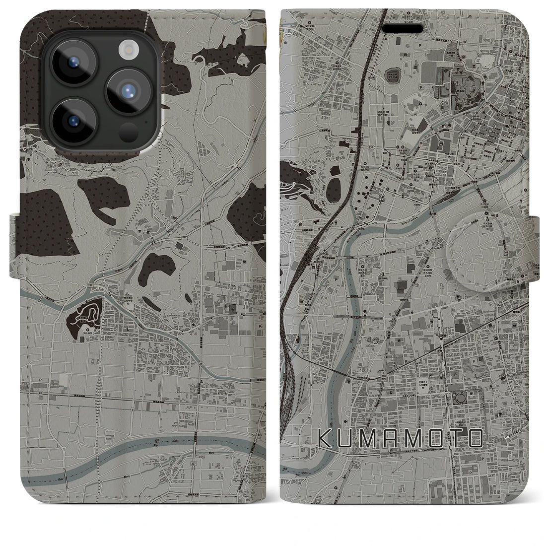 【熊本】地図柄iPhoneケース（手帳両面タイプ・モノトーン）iPhone 15 Pro Max 用