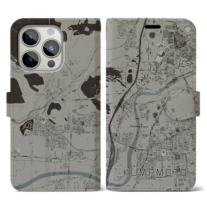 【熊本（熊本県）】地図柄iPhoneケース（手帳タイプ）モノトーン・iPhone 15 Pro 用