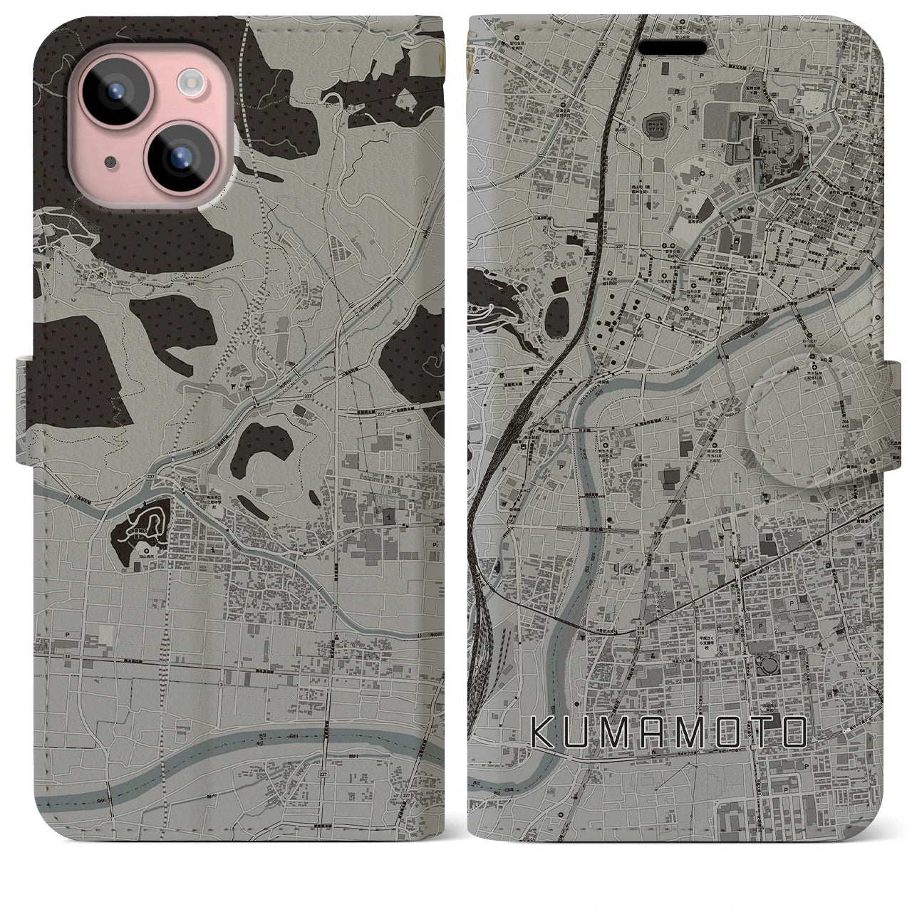 【熊本】地図柄iPhoneケース（手帳両面タイプ・モノトーン）iPhone 15 Plus 用