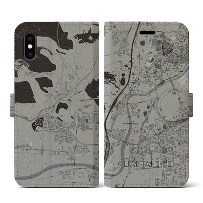 【熊本（熊本県）】地図柄iPhoneケース（手帳タイプ）モノトーン・iPhone XS / X 用