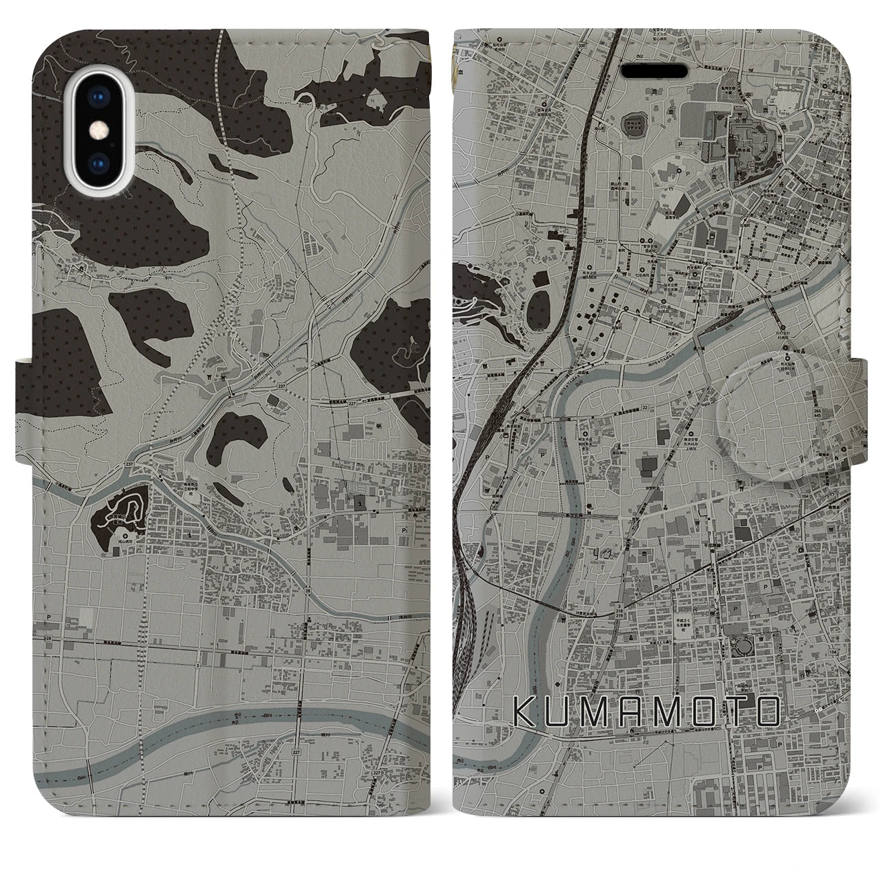 【熊本】地図柄iPhoneケース（手帳両面タイプ・モノトーン）iPhone XS Max 用