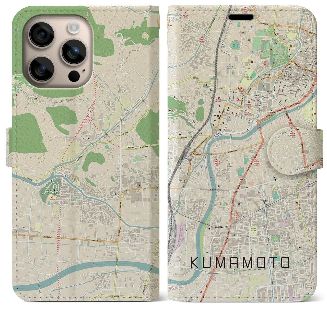 【熊本（熊本県）】地図柄iPhoneケース（手帳タイプ）ナチュラル・iPhone 16 Plus 用