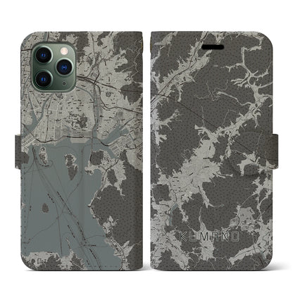 【熊野（広島県）】地図柄iPhoneケース（手帳タイプ）モノトーン・iPhone 11 Pro 用