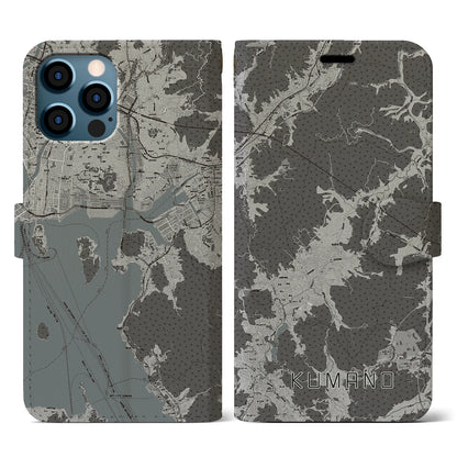【熊野（広島県）】地図柄iPhoneケース（手帳タイプ）モノトーン・iPhone 12 / 12 Pro 用