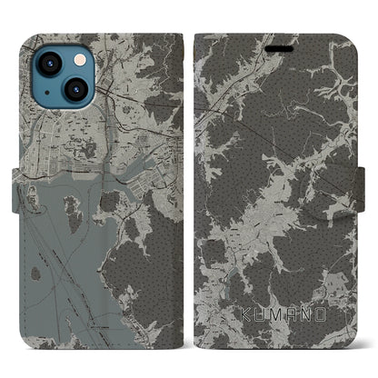 【熊野（広島県）】地図柄iPhoneケース（手帳タイプ）モノトーン・iPhone 13 用