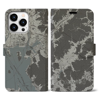 【熊野（広島県）】地図柄iPhoneケース（手帳タイプ）モノトーン・iPhone 13 Pro 用