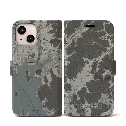 【熊野（広島県）】地図柄iPhoneケース（手帳タイプ）モノトーン・iPhone 13 mini 用