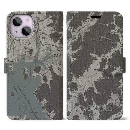 【熊野（広島県）】地図柄iPhoneケース（手帳タイプ）モノトーン・iPhone 14 用