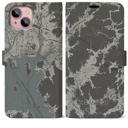 【熊野（広島県）】地図柄iPhoneケース（手帳タイプ）モノトーン・iPhone 15 Plus 用