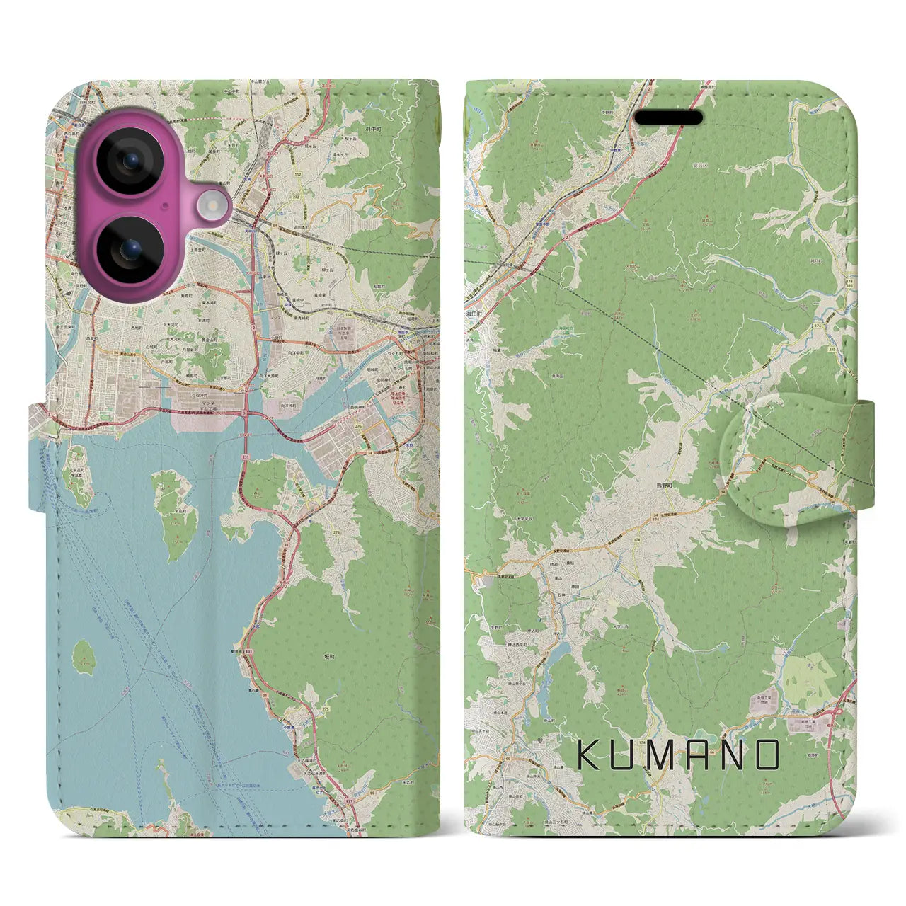 【熊野（広島県）】地図柄iPhoneケース（手帳タイプ）ナチュラル・iPhone 16 Pro 用