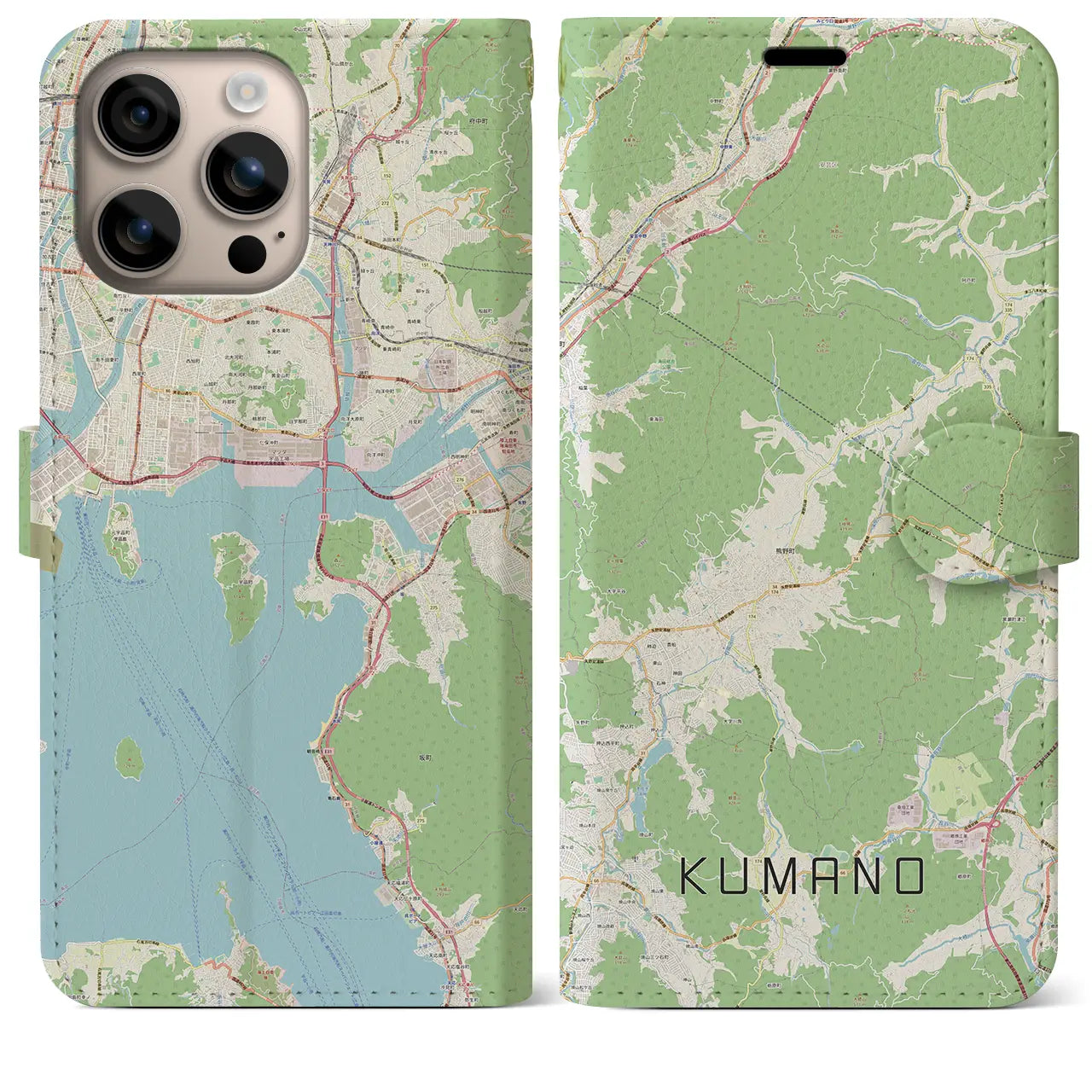 【熊野（広島県）】地図柄iPhoneケース（手帳タイプ）ナチュラル・iPhone 16 Plus 用