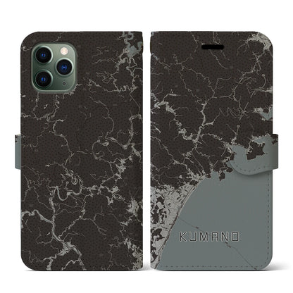 【熊野（三重県）】地図柄iPhoneケース（手帳タイプ）モノトーン・iPhone 11 Pro 用