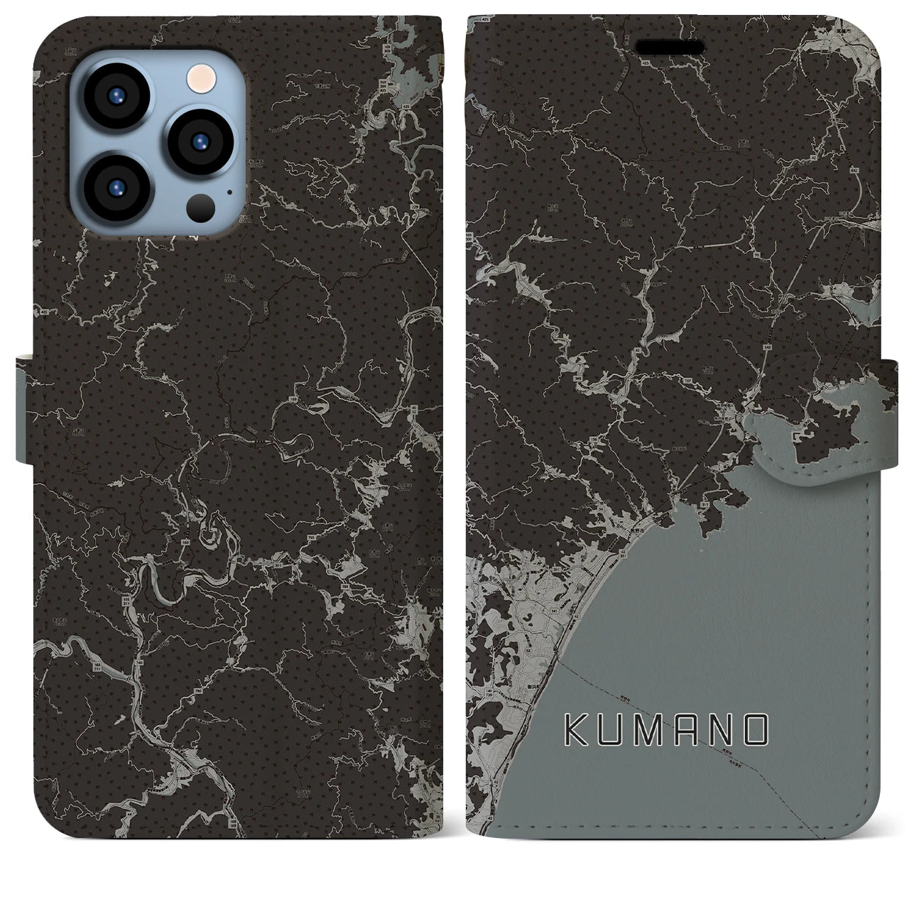 【熊野】地図柄iPhoneケース（手帳両面タイプ・モノトーン）iPhone 13 Pro Max 用