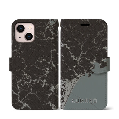 【熊野（三重県）】地図柄iPhoneケース（手帳タイプ）モノトーン・iPhone 13 mini 用