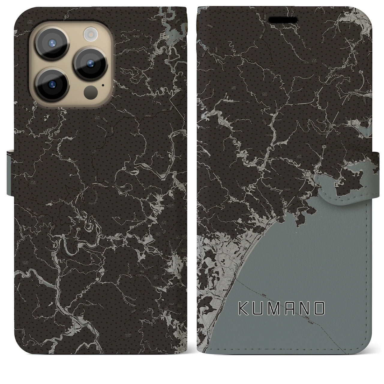 【熊野】地図柄iPhoneケース（手帳両面タイプ・モノトーン）iPhone 14 Pro Max 用