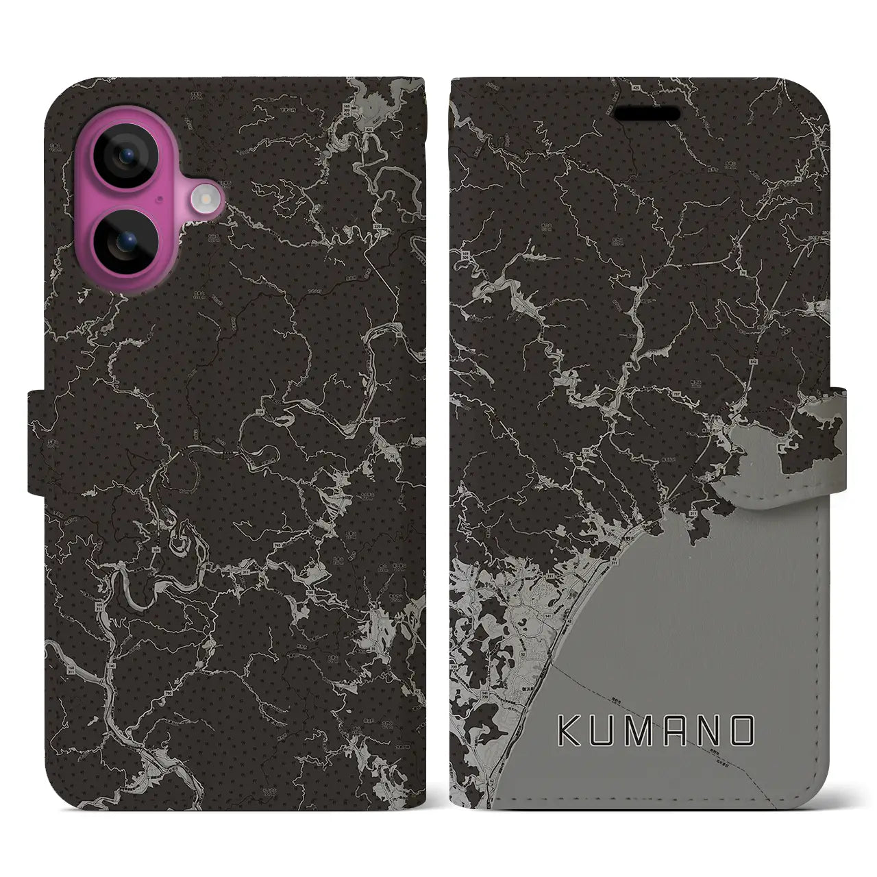 【熊野（三重県）】地図柄iPhoneケース（手帳タイプ）モノトーン・iPhone 16 Pro 用