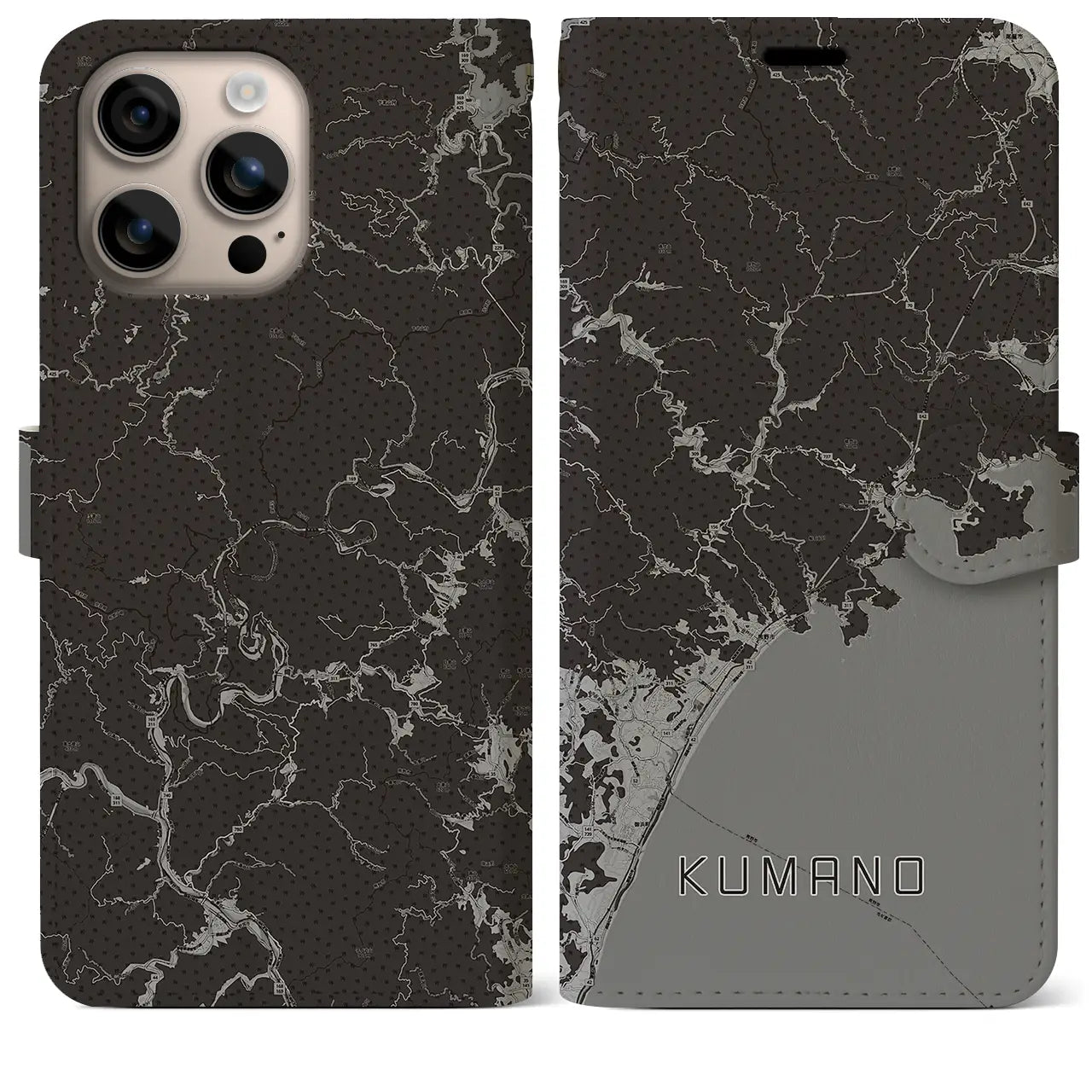 【熊野（三重県）】地図柄iPhoneケース（手帳タイプ）モノトーン・iPhone 16 Plus 用