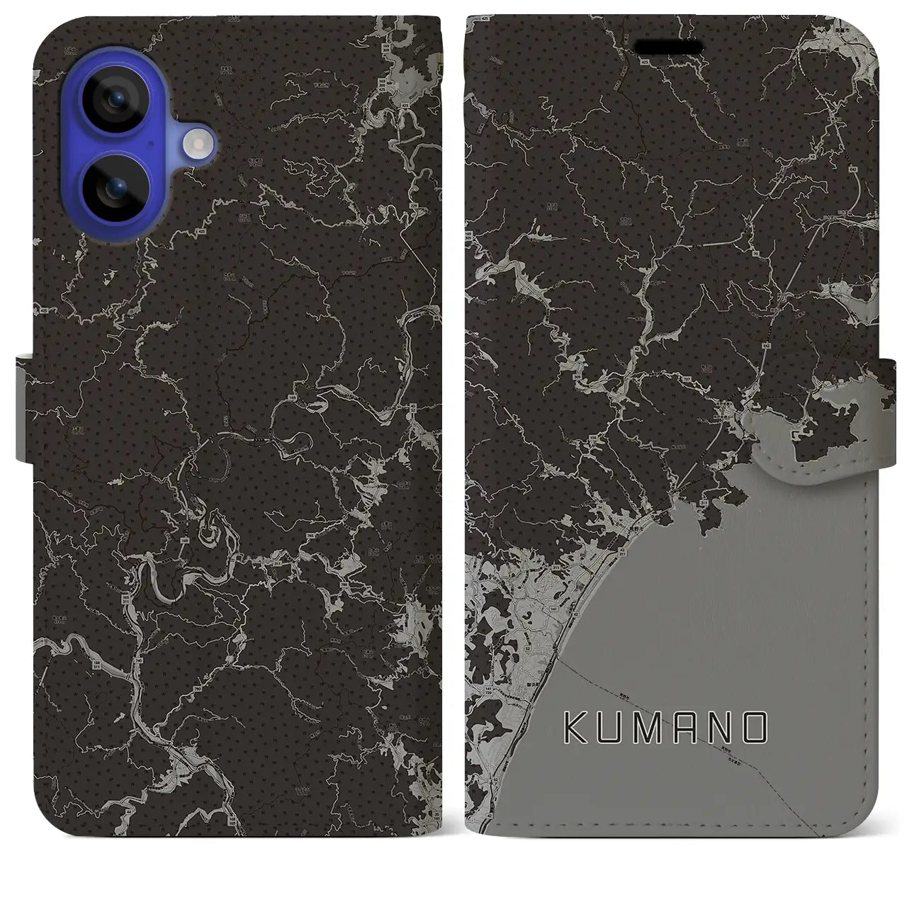 【熊野（三重県）】地図柄iPhoneケース（手帳タイプ）モノトーン・iPhone 16 Pro Max 用